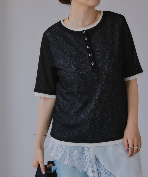 210nouve(トゥージュヌーブ)の「ヘンリーネック バイカラー シアー Tシャツ(Tシャツ/カットソー・レディース・ミント/ピンク/アイボリー/ブラック・FREE)」の3枚目の写真