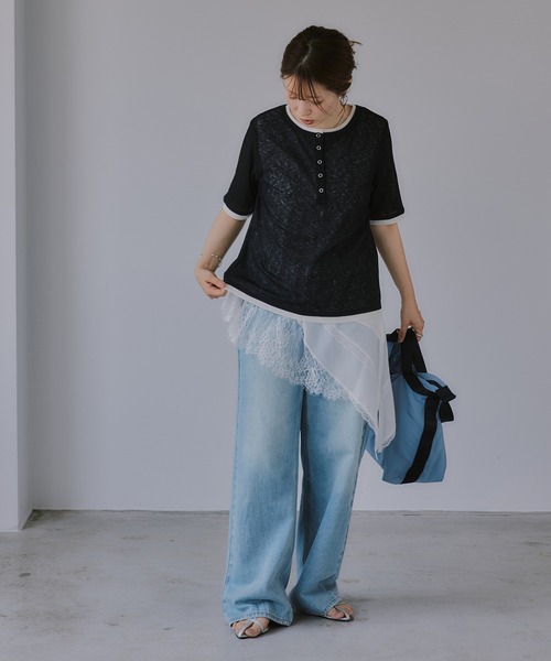 210nouve(トゥージュヌーブ)の「ヘンリーネック バイカラー シアー Tシャツ(Tシャツ/カットソー・レディース・ミント/ピンク/アイボリー/ブラック・FREE)」の17枚目の写真
