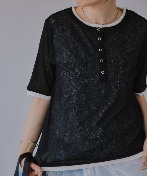 210nouve(トゥージュヌーブ)の「ヘンリーネック バイカラー シアー Tシャツ(Tシャツ/カットソー・レディース・ミント/ピンク/アイボリー/ブラック・FREE)」の15枚目の写真