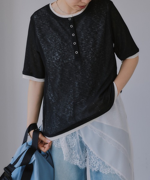 210nouve(トゥージュヌーブ)の「ヘンリーネック バイカラー シアー Tシャツ(Tシャツ/カットソー・レディース・ミント/ピンク/アイボリー/ブラック・FREE)」の16枚目の写真