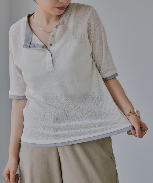 210nouve(トゥージュヌーブ)の「ヘンリーネック バイカラー シアー Tシャツ(Tシャツ/カットソー・レディース・ミント/ピンク/アイボリー/ブラック・FREE)」の18枚目の写真