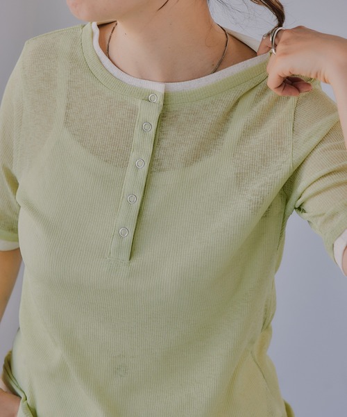210nouve(トゥージュヌーブ)の「ヘンリーネック バイカラー シアー Tシャツ(Tシャツ/カットソー・レディース・ミント/ピンク/アイボリー/ブラック・FREE)」の6枚目の写真