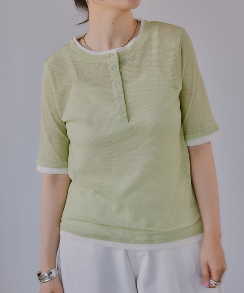 210nouve(トゥージュヌーブ)の「ヘンリーネック バイカラー シアー Tシャツ(Tシャツ/カットソー・レディース・ミント/ピンク/アイボリー/ブラック・FREE)」の5枚目の写真