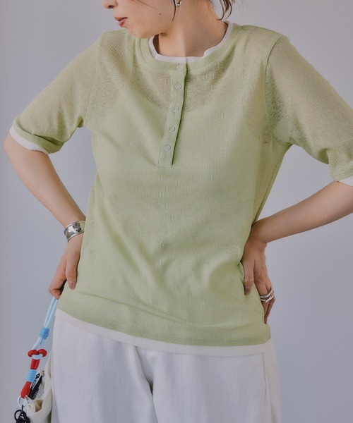 210nouve(トゥージュヌーブ)の「ヘンリーネック バイカラー シアー Tシャツ(Tシャツ/カットソー・レディース・ミント/ピンク/アイボリー/ブラック・FREE)」の7枚目の写真