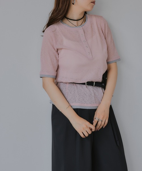 210nouve(トゥージュヌーブ)の「ヘンリーネック バイカラー シアー Tシャツ(Tシャツ/カットソー・レディース・ミント/ピンク/アイボリー/ブラック・FREE)」の10枚目の写真