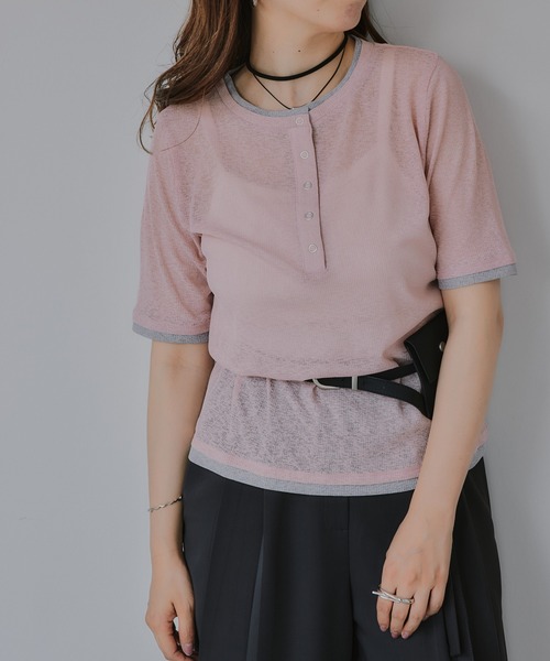 210nouve(トゥージュヌーブ)の「ヘンリーネック バイカラー シアー Tシャツ(Tシャツ/カットソー・レディース・ミント/ピンク/アイボリー/ブラック・FREE)」の12枚目の写真