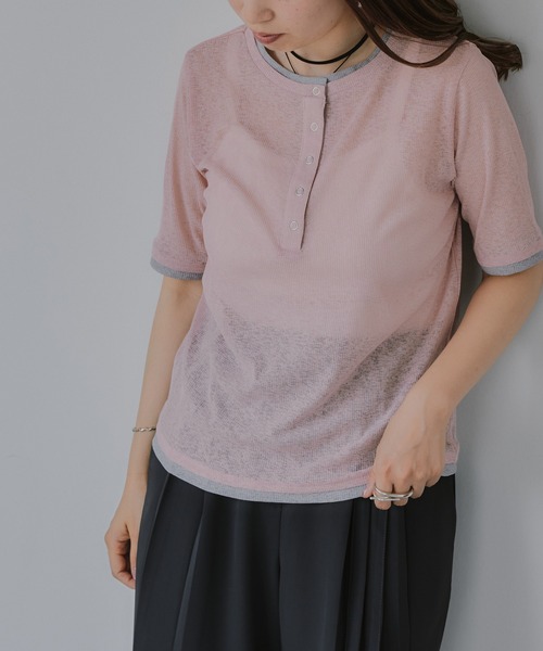 210nouve(トゥージュヌーブ)の「ヘンリーネック バイカラー シアー Tシャツ(Tシャツ/カットソー・レディース・ミント/ピンク/アイボリー/ブラック・FREE)」の11枚目の写真