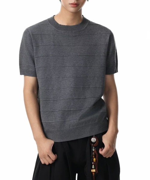 FreeZone(フリーゾーン)の「立体ボーダーニット半袖トップス(Tシャツ/カットソー・メンズ・ベージュ/ブラック/グレー・F)」の3枚目の写真