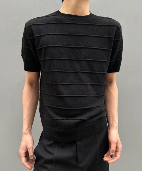 FreeZone(フリーゾーン)の「立体ボーダーニット半袖トップス(Tシャツ/カットソー・メンズ・ベージュ/ブラック/グレー・F)」の2枚目の写真