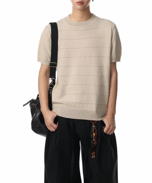 FreeZone(フリーゾーン)の「立体ボーダーニット半袖トップス(Tシャツ/カットソー・メンズ・ベージュ/ブラック/グレー・F)」の11枚目の写真