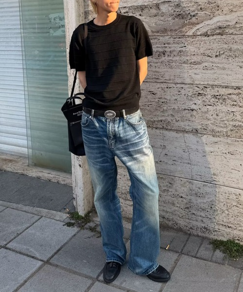 FreeZone(フリーゾーン)の「立体ボーダーニット半袖トップス(Tシャツ/カットソー・メンズ・ベージュ/ブラック/グレー・F)」の14枚目の写真