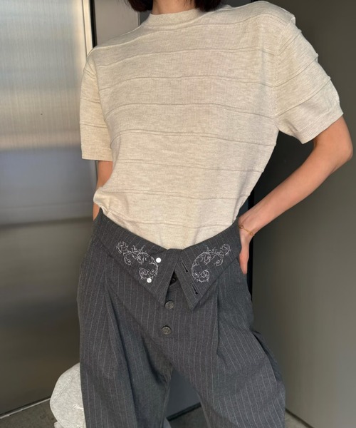 FreeZone(フリーゾーン)の「立体ボーダーニット半袖トップス(Tシャツ/カットソー・メンズ・ベージュ/ブラック/グレー・F)」の15枚目の写真