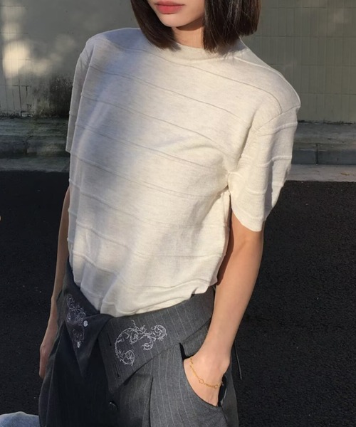 FreeZone(フリーゾーン)の「立体ボーダーニット半袖トップス(Tシャツ/カットソー・メンズ・ベージュ/ブラック/グレー・F)」の18枚目の写真