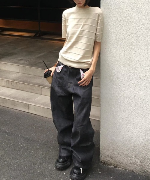 FreeZone(フリーゾーン)の「立体ボーダーニット半袖トップス(Tシャツ/カットソー・メンズ・ベージュ/ブラック/グレー・F)」の19枚目の写真