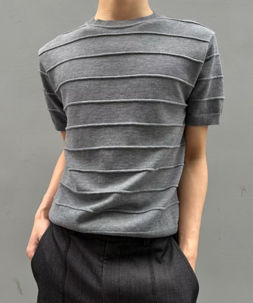 FreeZone(フリーゾーン)の「立体ボーダーニット半袖トップス(Tシャツ/カットソー・メンズ・ベージュ/ブラック/グレー・F)」の20枚目の写真