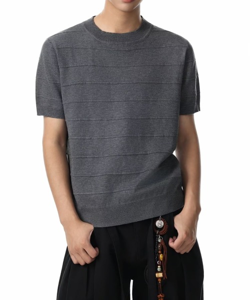 FreeZone(フリーゾーン)の「立体ボーダーニット半袖トップス(Tシャツ/カットソー・メンズ・ベージュ/ブラック/グレー・F)」の9枚目の写真