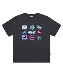 ユニコーンビンゴプリントオーバーサイズ半袖Tシャツチャコール