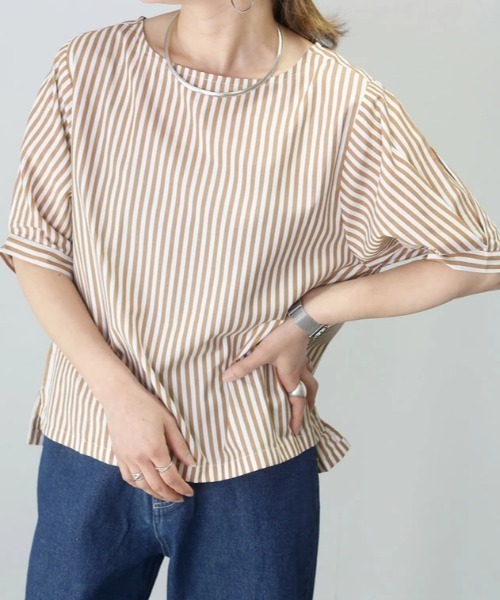 AMAJI(アマジ)の「ストライプ柄 ルーズシルエット 半袖シャツ(シャツ/ブラウス・レディース・ブラウン/グレー・X-LARGE/LARGE/MEDIUM)」の1枚目の写真
