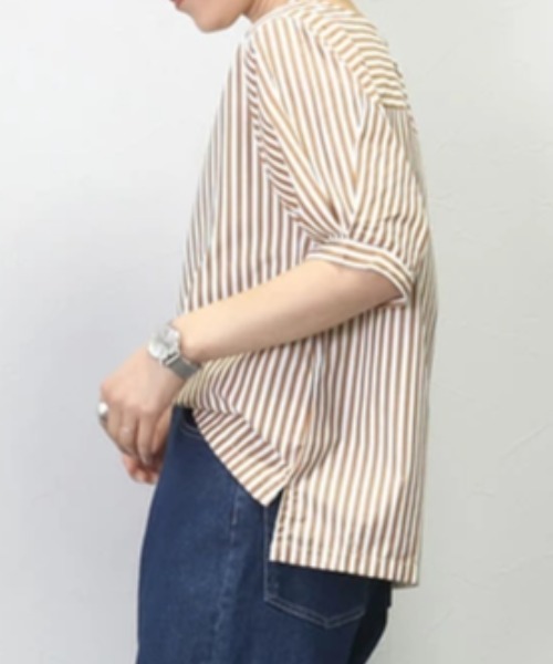 AMAJI(アマジ)の「ストライプ柄 ルーズシルエット 半袖シャツ(シャツ/ブラウス・レディース・ブラウン/グレー・X-LARGE/LARGE/MEDIUM)」の6枚目の写真