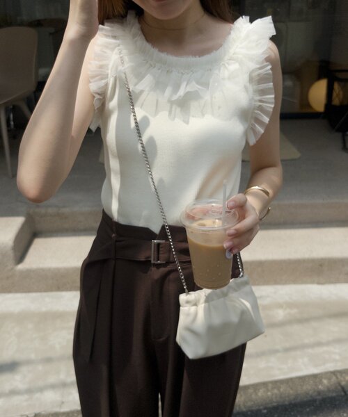 CAPRICIEUX LE'MAGE(カプリシューレマージュ)の「チュールフリルリブタンク(Tシャツ/カットソー・レディース・チャコールグレー/オフホワイト・FREE)」の5枚目の写真