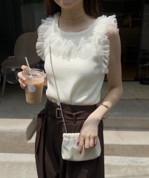 CAPRICIEUX LE'MAGE(カプリシューレマージュ)の「チュールフリルリブタンク(Tシャツ/カットソー・レディース・チャコールグレー/オフホワイト・FREE)」の7枚目の写真