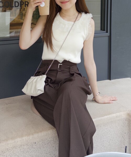 CAPRICIEUX LE'MAGE(カプリシューレマージュ)の「チュールフリルリブタンク(Tシャツ/カットソー・レディース・チャコールグレー/オフホワイト・FREE)」の8枚目の写真