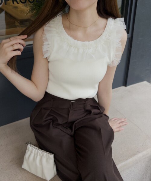 CAPRICIEUX LE'MAGE(カプリシューレマージュ)の「チュールフリルリブタンク(Tシャツ/カットソー・レディース・チャコールグレー/オフホワイト・FREE)」の9枚目の写真