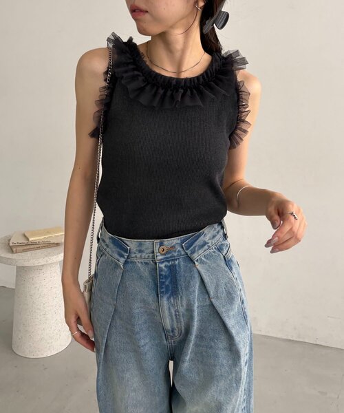 CAPRICIEUX LE'MAGE(カプリシューレマージュ)の「チュールフリルリブタンク(Tシャツ/カットソー・レディース・チャコールグレー/オフホワイト・FREE)」の10枚目の写真