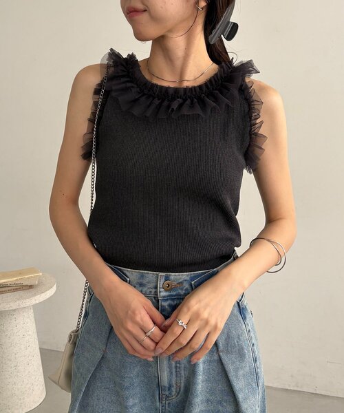 CAPRICIEUX LE'MAGE(カプリシューレマージュ)の「チュールフリルリブタンク(Tシャツ/カットソー・レディース・チャコールグレー/オフホワイト・FREE)」の13枚目の写真