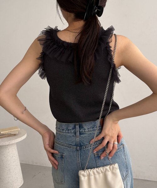 CAPRICIEUX LE'MAGE(カプリシューレマージュ)の「チュールフリルリブタンク(Tシャツ/カットソー・レディース・チャコールグレー/オフホワイト・FREE)」の16枚目の写真
