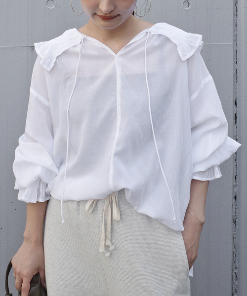 normment(ノーメント)の「normment/ノーメント COTTON RAYON PINTUCK COLLAR BLOUSE S26P1586(シャツ/ブラウス・レディース・ホワイト/ブラック・FREE)」の2枚目の写真