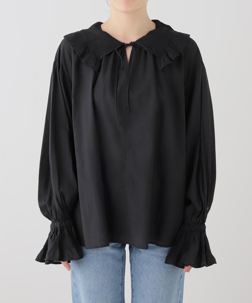 normment(ノーメント)の「normment/ノーメント COTTON RAYON PINTUCK COLLAR BLOUSE S26P1586(シャツ/ブラウス・レディース・ホワイト/ブラック・FREE)」の1枚目の写真