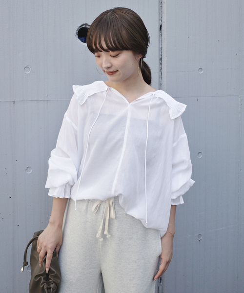 normment(ノーメント)の「normment/ノーメント COTTON RAYON PINTUCK COLLAR BLOUSE S26P1586(シャツ/ブラウス・レディース・ホワイト/ブラック・FREE)」の7枚目の写真