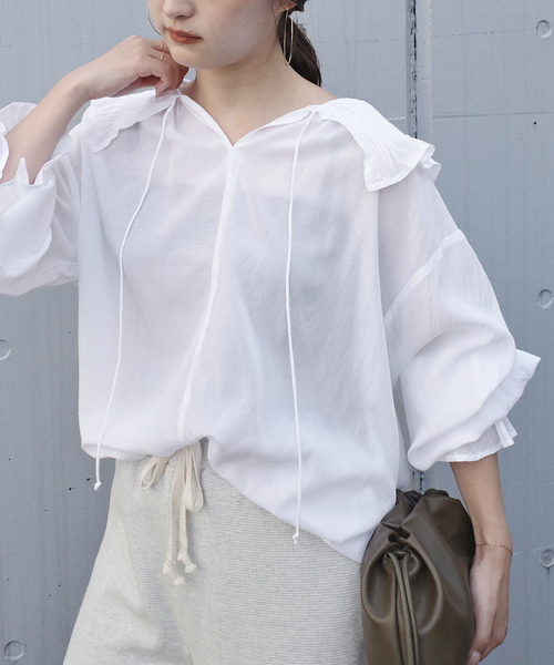 normment(ノーメント)の「normment/ノーメント COTTON RAYON PINTUCK COLLAR BLOUSE S26P1586(シャツ/ブラウス・レディース・ホワイト/ブラック・FREE)」の8枚目の写真