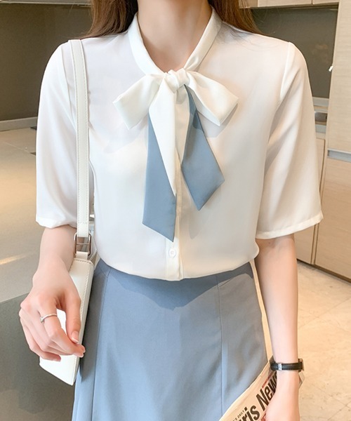 ONEP STAR（ワンピスター）の「バイカラーボウタイリボン半袖ブラウス（シャツ/ブラウス・レディース・ブルー/ホワイト・MEDIUM/LARGE/X-LARGE）」の3枚目の写真
