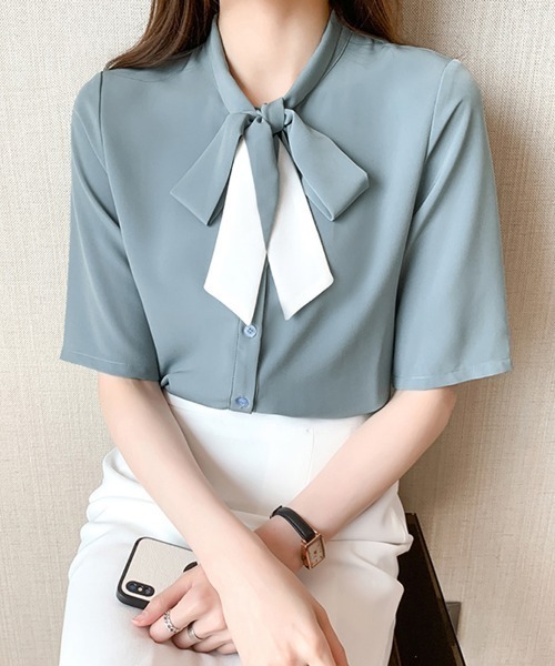 ONEP STAR（ワンピスター）の「バイカラーボウタイリボン半袖ブラウス（シャツ/ブラウス・レディース・ブルー/ホワイト・MEDIUM/LARGE/X-LARGE）」の14枚目の写真