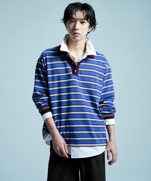 CAMPHOR WOOD(カンファーウッド)の「DOUBLE COLLAR LAYERED BORDER POLO L/S SHIRTS / ダブルカラーレイヤードボーダーポロシャツ(ポロシャツ・メンズ・ブラック/ブルー系/スミクロ・SMALL/LARGE/MEDIUM)」の3枚目の写真