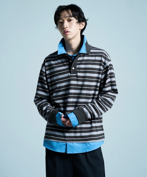 CAMPHOR WOOD(カンファーウッド)の「DOUBLE COLLAR LAYERED BORDER POLO L/S SHIRTS / ダブルカラーレイヤードボーダーポロシャツ(ポロシャツ・メンズ・ブラック/ブルー系/スミクロ・SMALL/LARGE/MEDIUM)」の2枚目の写真