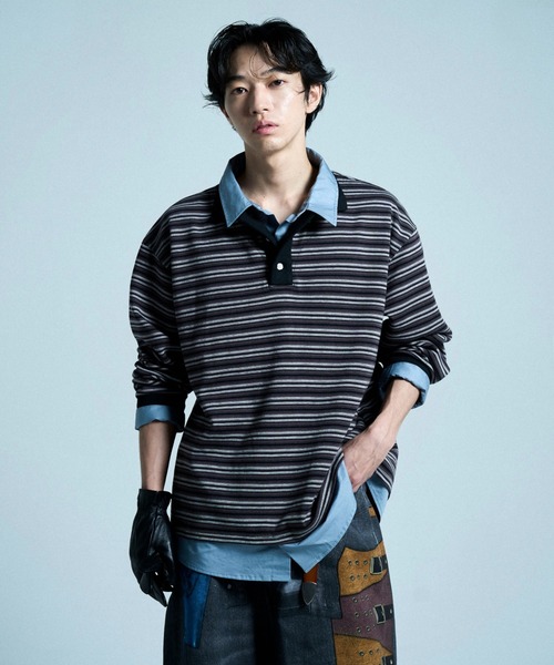 CAMPHOR WOOD(カンファーウッド)の「DOUBLE COLLAR LAYERED BORDER POLO L/S SHIRTS / ダブルカラーレイヤードボーダーポロシャツ(ポロシャツ・メンズ・ブラック/ブルー系/スミクロ・SMALL/LARGE/MEDIUM)」の1枚目の写真