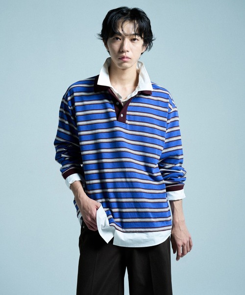 CAMPHOR WOOD(カンファーウッド)の「DOUBLE COLLAR LAYERED BORDER POLO L/S SHIRTS / ダブルカラーレイヤードボーダーポロシャツ(ポロシャツ・メンズ・ブラック/ブルー系/スミクロ・SMALL/LARGE/MEDIUM)」の13枚目の写真