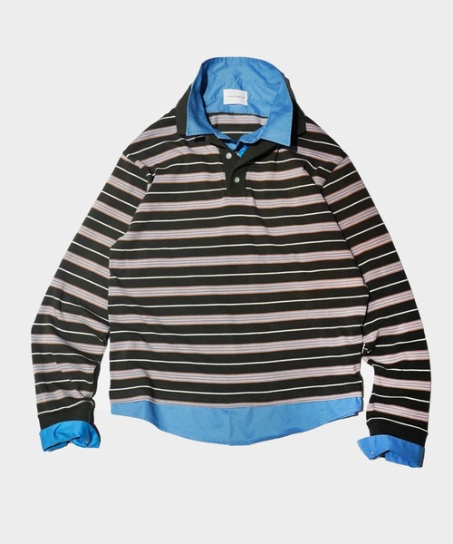 CAMPHOR WOOD(カンファーウッド)の「DOUBLE COLLAR LAYERED BORDER POLO L/S SHIRTS / ダブルカラーレイヤードボーダーポロシャツ(ポロシャツ・メンズ・ブラック/ブルー系/スミクロ・SMALL/LARGE/MEDIUM)」の4枚目の写真