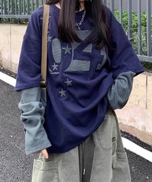 【秋冬新作】ボーダー×スター刺繍ロゴフェイクレイヤード長袖トップス