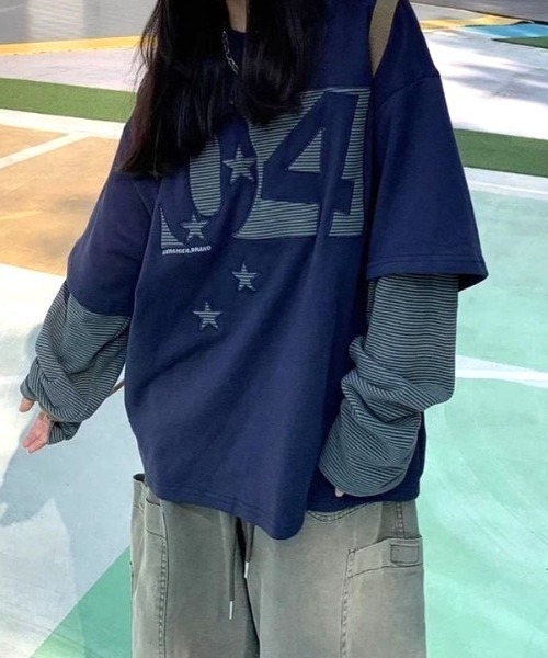 SHEENA(シーナ)の「【秋冬新作】ボーダー×スター刺繍ロゴフェイクレイヤード長袖トップス(Tシャツ/カットソー・レディース・ネイビー・M/L)」の6枚目の写真
