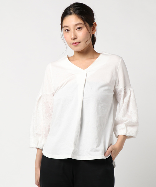 PICCIN(ピッチン)の「シアー切り替えVネックカットソー(Tシャツ/カットソー・レディース・オフホワイト/イエロー・MEDIUM)」の2枚目の写真