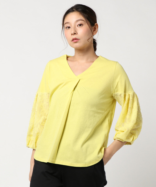 PICCIN(ピッチン)の「シアー切り替えVネックカットソー(Tシャツ/カットソー・レディース・オフホワイト/イエロー・MEDIUM)」の1枚目の写真