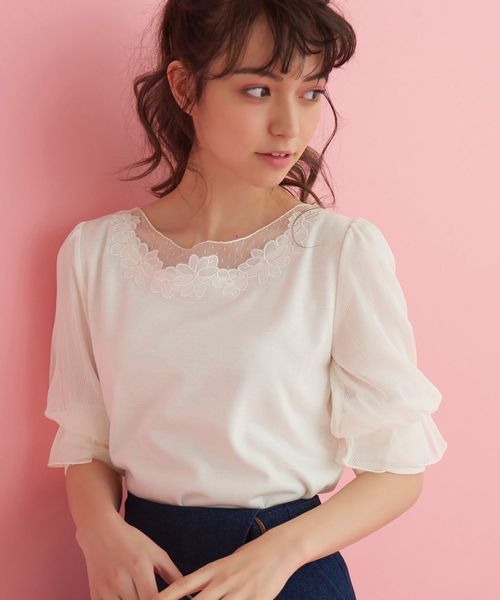 MAJESTIC LEGON(マジェスティックレゴン)の「チュールフラワートップス(Tシャツ/カットソー・レディース・ミント/ラベンダー/アイボリー/ブラック/ピンク・MEDIUM)」の7枚目の写真