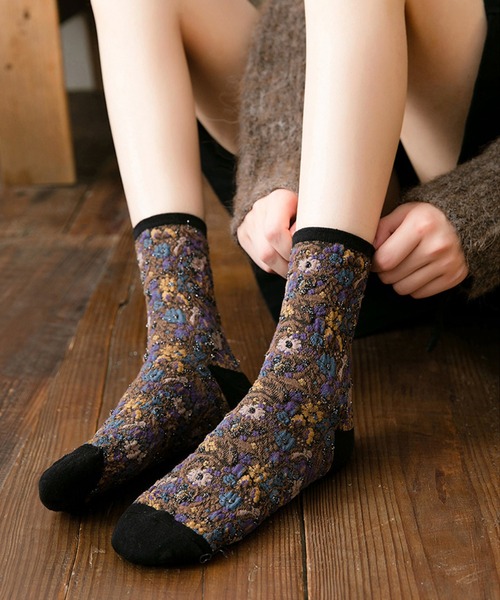 aimoha(アイモハ)の「Art花柄ソックス(ソックス/靴下・レディース・ベージュ/ブラウン/グレー/ブラック/パープル・FREE)」の14枚目の写真