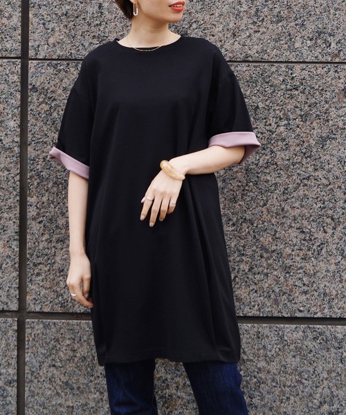 NICOLE white(ニコルホワイト)の「ロング丈ビッグTシャツ(Tシャツ/カットソー・レディース・ライトグレー/ブラック/ピンク/オフホワイト・FREE)」の2枚目の写真