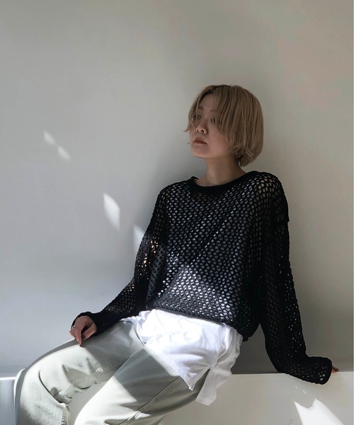 notch.（ノッチ）の「透かし編みショートプルオーバー（ニット/セーター・レディース・ブラック/ベージュ/オフホワイト/オレンジ・M）」の14枚目の写真