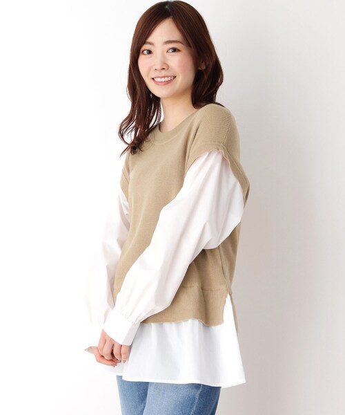 pink adobe（ピンクアドベ）の「◆【M-LL】レイヤード見え レースアップニット（ニット/セーター・レディース・グレー/ブラック/ライトブルー/ライトベージュ・38/40/42）」の4枚目の写真